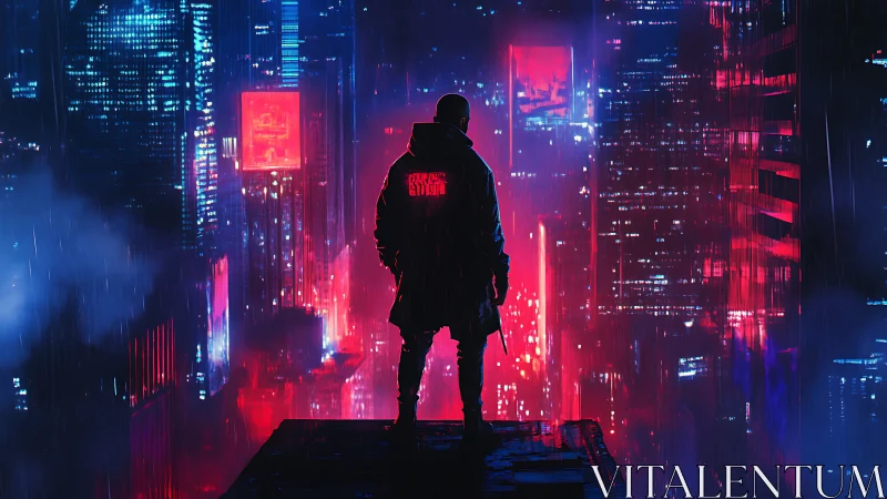Lone cyberpunk figure overlooks neon-drenched megacity skyline.