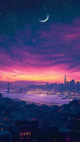 Crescent moon above luminous city skyline at dusk.