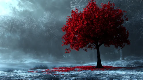 Solitary red tree stands in frosted landscape under mist