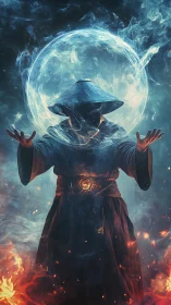 Mystic sorcerer conjures elemental energy sphere in flames