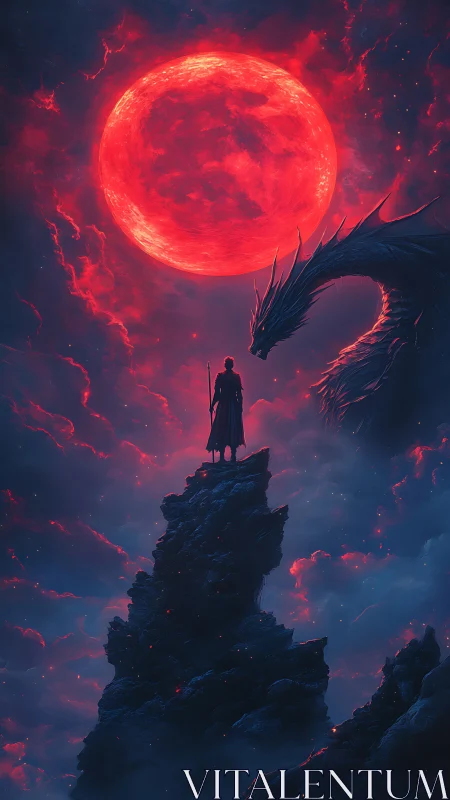 Crimson moon meeting between lone wanderer and dragon.