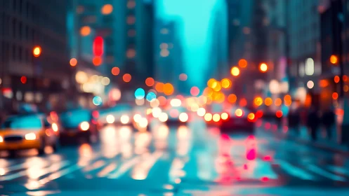 Defocused urban street shows headlights and wet reflections