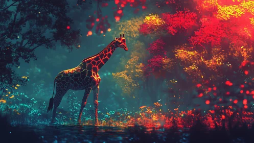 Bioluminescent giraffe in neon-lit forest clearing at dusk