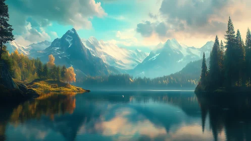 Snowcapped peaks rise over a tranquil emerald mountain lake