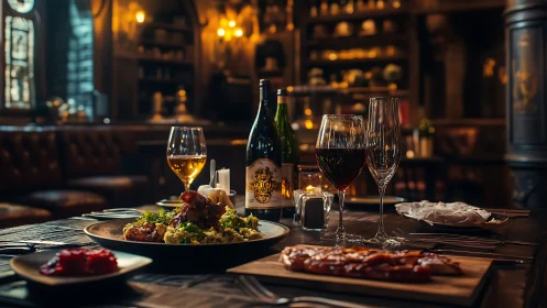 Low-light bistro table captures plated entrees and mixed stemware