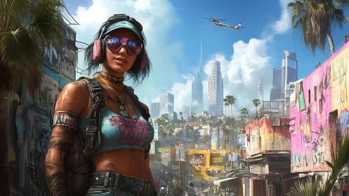 Urban street adventurer in colorful futuristic cityscape.