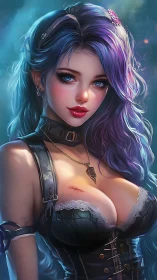 Violet haired warrior woman poses under ethereal teal light