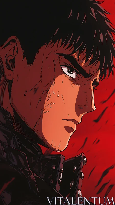 Side profile of anime character against saturated red background