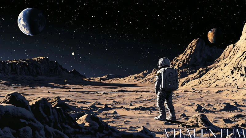 Lone astronaut surveys an alien moon under distant Earth