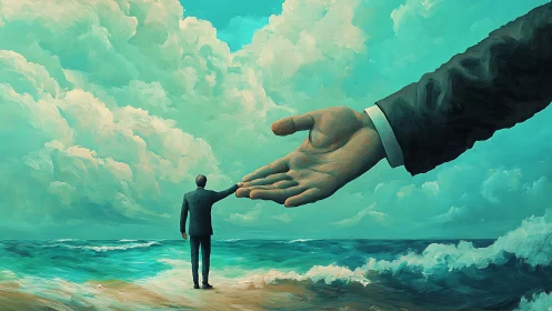 Surreal mentorship gesture over teal ocean shoreline.