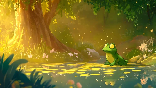 Digital painting of luminous forest pond with contemplative frog.