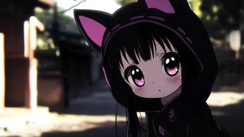 Soft-eyed anime girl in a cozy black cat hoodie explores quietly