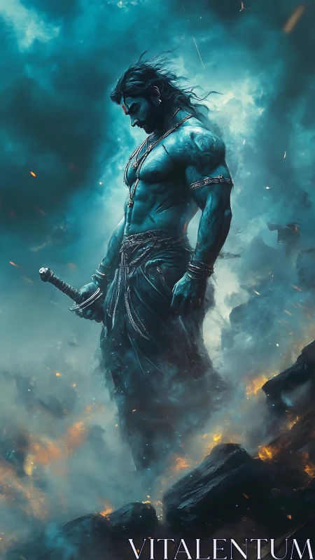 Blue-skinned warrior stands in smoky battlefield environment