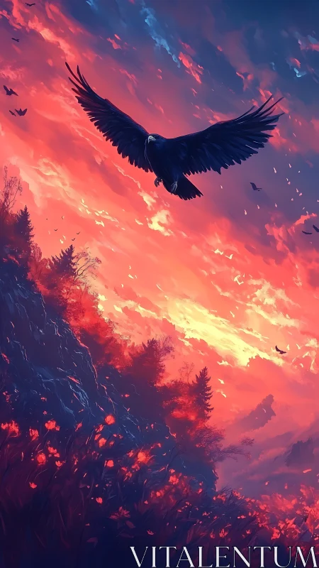 Soaring black bird over a blazing sunset valley sky.