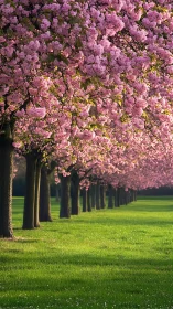 Row of pink blossoming trees over green spring meadow.