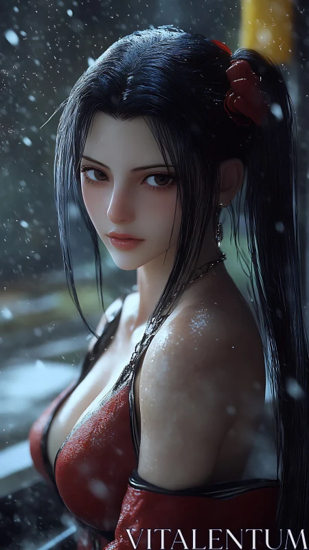 Snowlit anime heroine in red dress under soft bokeh snowfall.