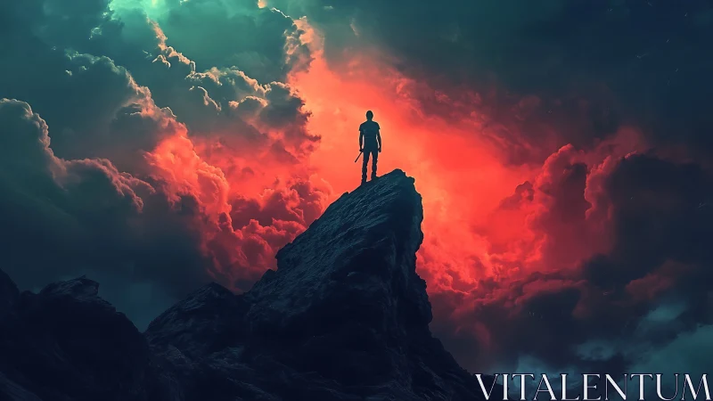 Lone dreamer standing beneath blazing cosmic sky.