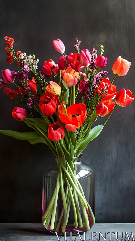 Radiant Tulip Arrangement in Clear Glass Vase Against Dark Backdrop.