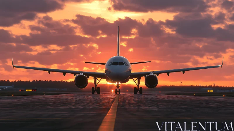 Sunset runway alignment with frontal commercial jet silhouette.