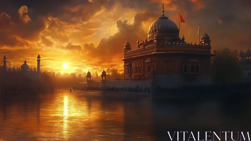 Golden temple at sunset in luminous digital painting panorama.