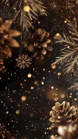 Glittered pinecones and branches float against dark bokeh field
