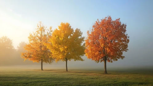 Golden autumn trees glow softly in early morning mist.