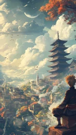 Samurai silhouette overlooking autumnal pagoda skyline.