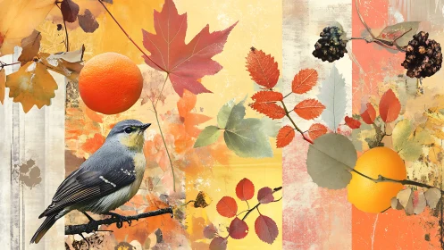Bird, citrus fruit and autumn foliage are arranged in collage
