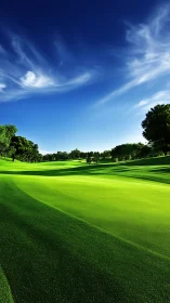 Sunlit championship golf fairway under deep cobalt sky