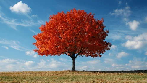 Fiery autumn tree standing bright beneath a calm blue sky.