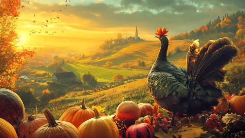 Digital autumn landscape with turkey and harvest still life.