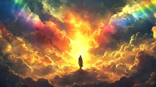 Lone dreamer walking the sunrise gate of painted clouds.