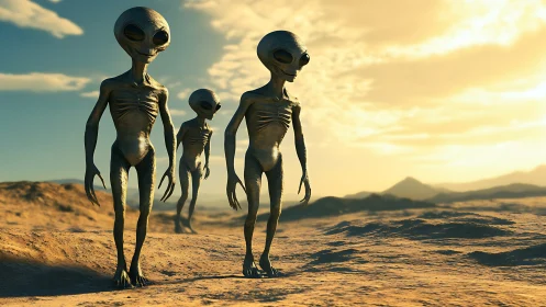 Curious desert visitors strolling under a soft alien sun.