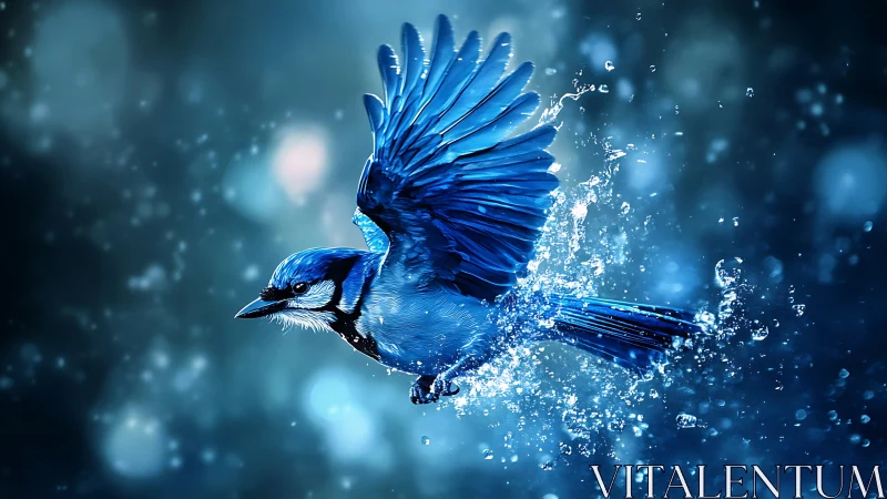 Blue jay in flight with water splash, digital art fantasy style.