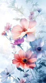 Watercolor Floral Composition with Pink and Blue Blooms