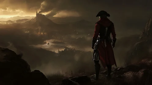 Coated figure surveys smoking fortress over dim valley