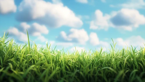 Close-up green grass field under bright blue sky view.