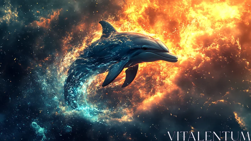 Digital painting of cosmic dolphin arcing through fire and water.