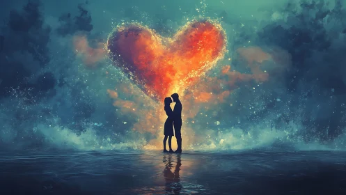Silhouetted Couple Kissing Beneath Radiant Heart-Shaped Energy Vortex.