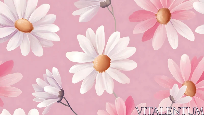 Soft digital daisies on pastel pink seamless floral pattern.