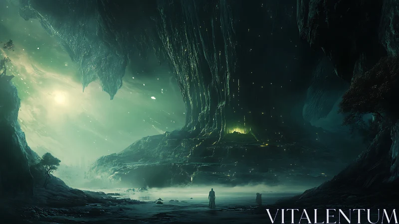 Emerald cavern sky-city glows above wandering silhouettes.