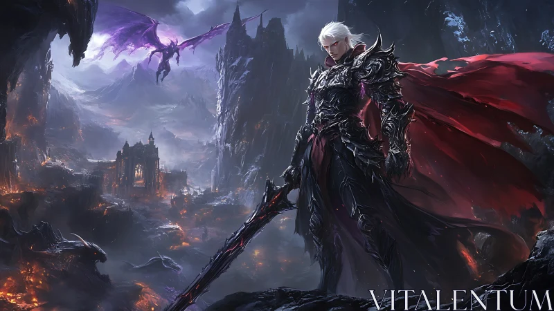 Dark armored warrior in ruined volcanic fantasy landscape.