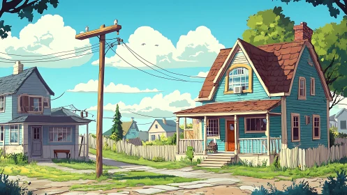 Sunlit blue cottage and neighbor house in quiet suburban lane