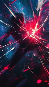 Silhouetted figure fractures neon glass in dynamic radial explosion