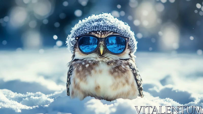 Cool owl wearing sunglasses and winter hat in snowy scene, whimsical style.