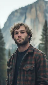 Bearded man in plaid jacket standing in mountain forest.