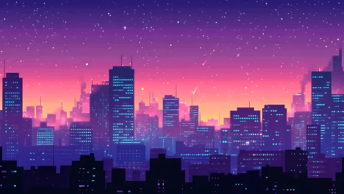 Gradient dusk skyline with neon-lit high-rise silhouettes and stars.
