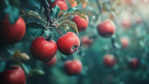 Ripe red apples on tree branches in shallow focus orchard.