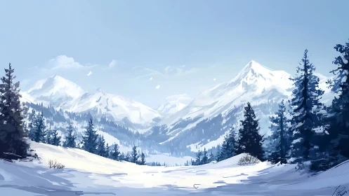 Digital alpine valley panorama under crisp winter daylight