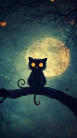 Black cat silhouette on branch before large full moon.